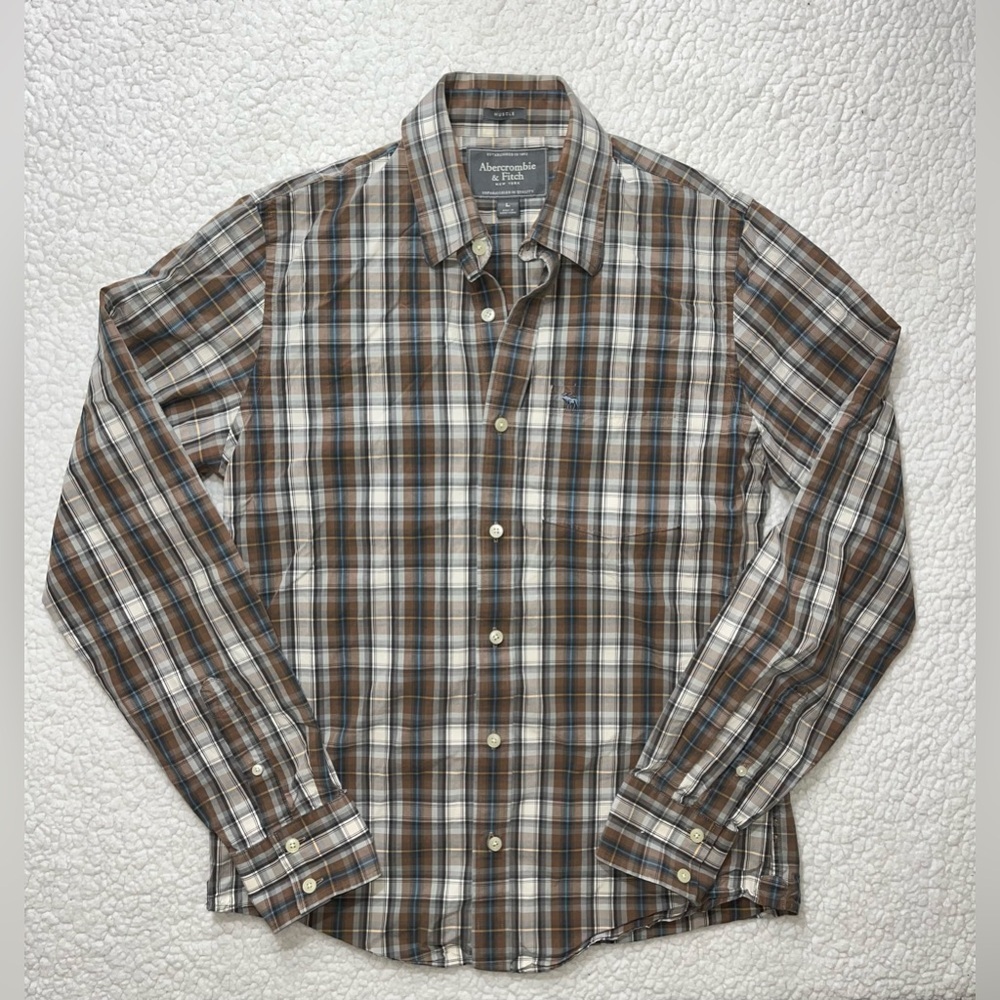 Abercrombie & Fitch Shirt Button Down Brown Blue Mens Large Muscle Fit